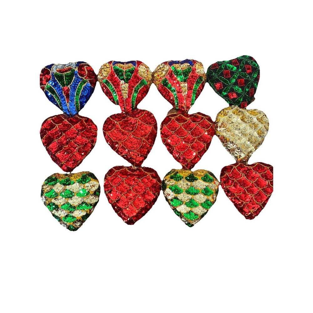 12 Heart Shaped Multicolored Beaded Sequin Christmas Ornament String Hanger